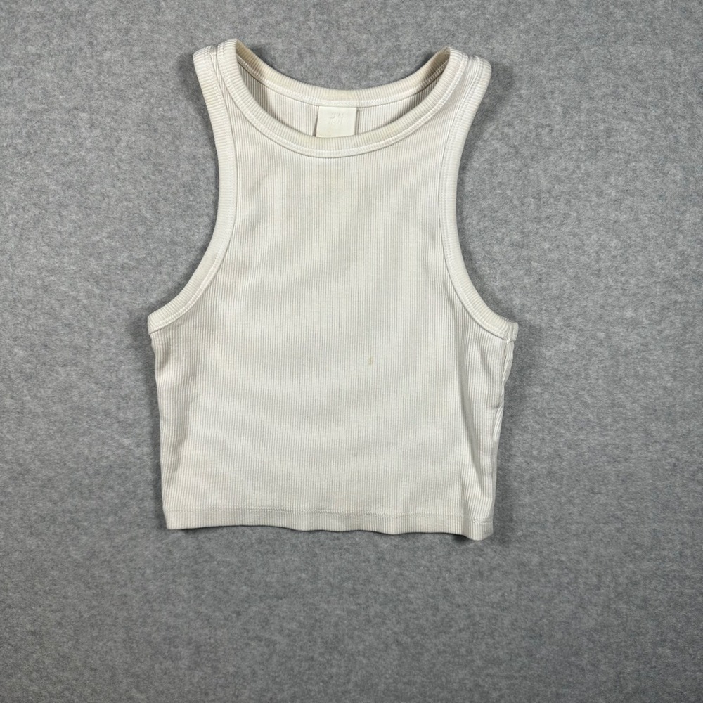 H&M White Ribbed Cropped Tank Top Size XS Sleeveless Crew Neck Basic 0085